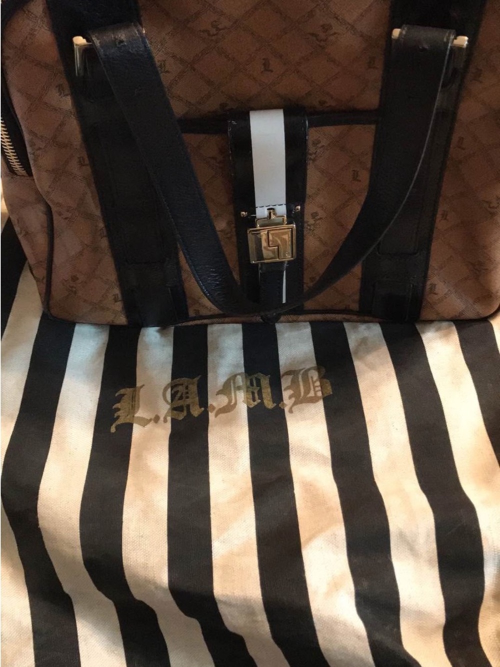 L.A.M.B. Black and Tan Patterned Shoulder Bag with Gold Hardware